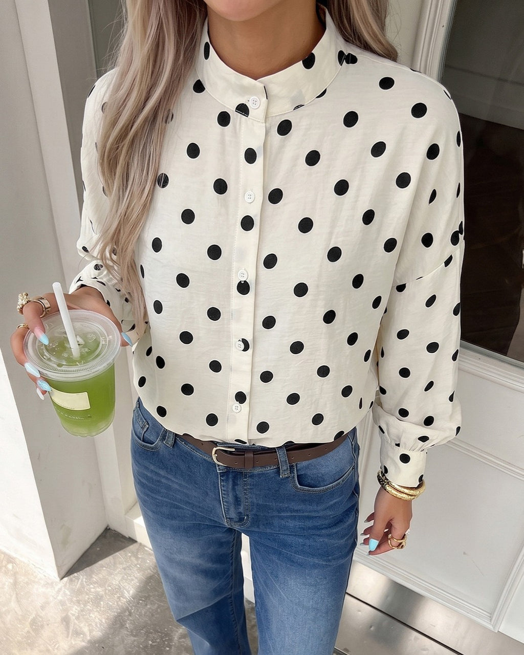 Spotted Mandarin Collar Long Sleeve Shirt - Apricot - 2