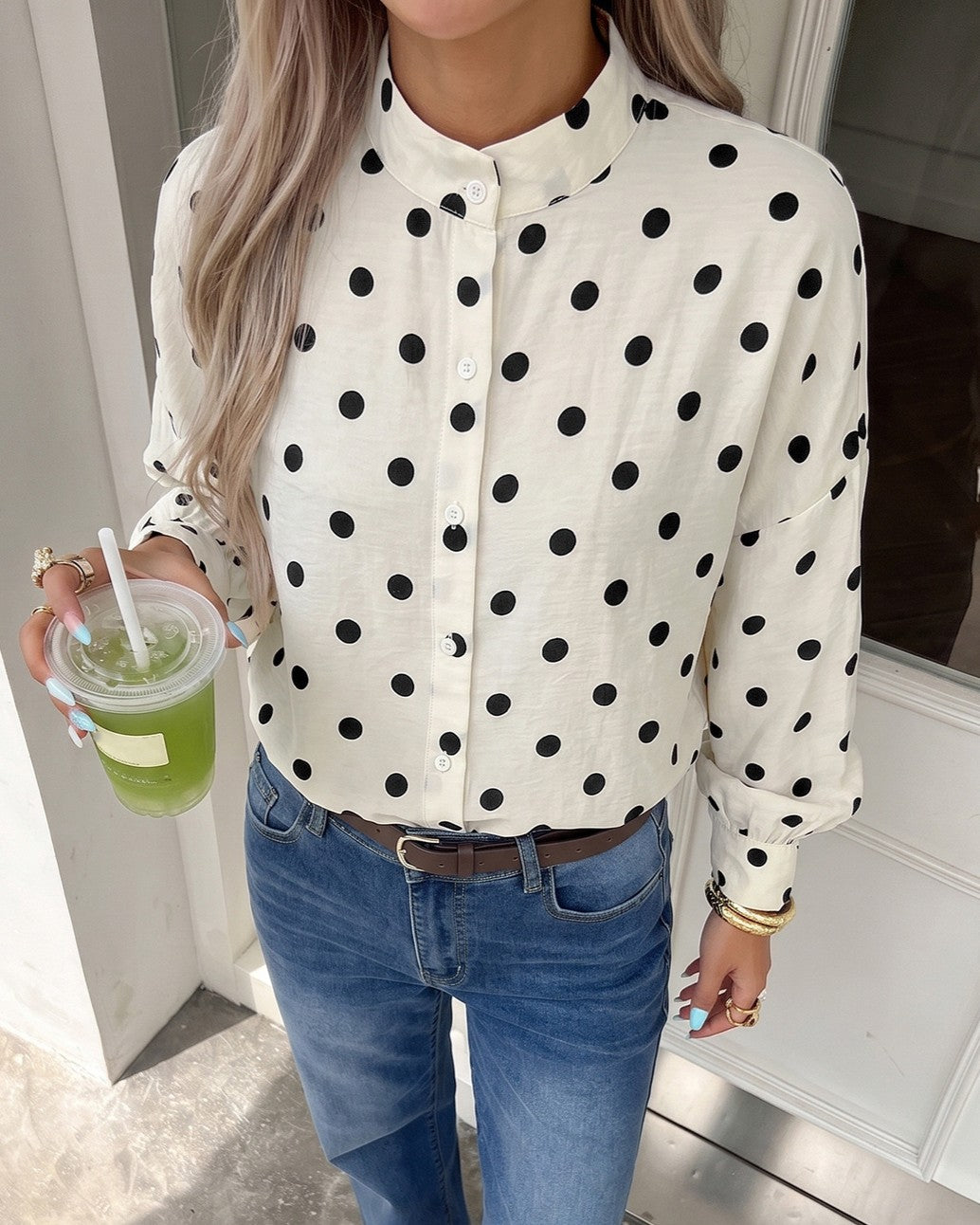 Spotted Mandarin Collar Long Sleeve Shirt - Apricot - 2