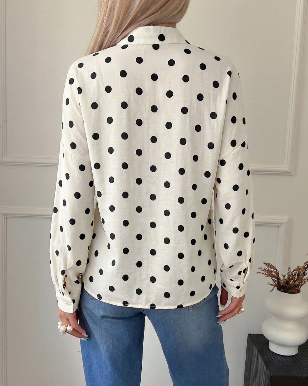 Spotted Mandarin Collar Long Sleeve Shirt - Apricot - 3