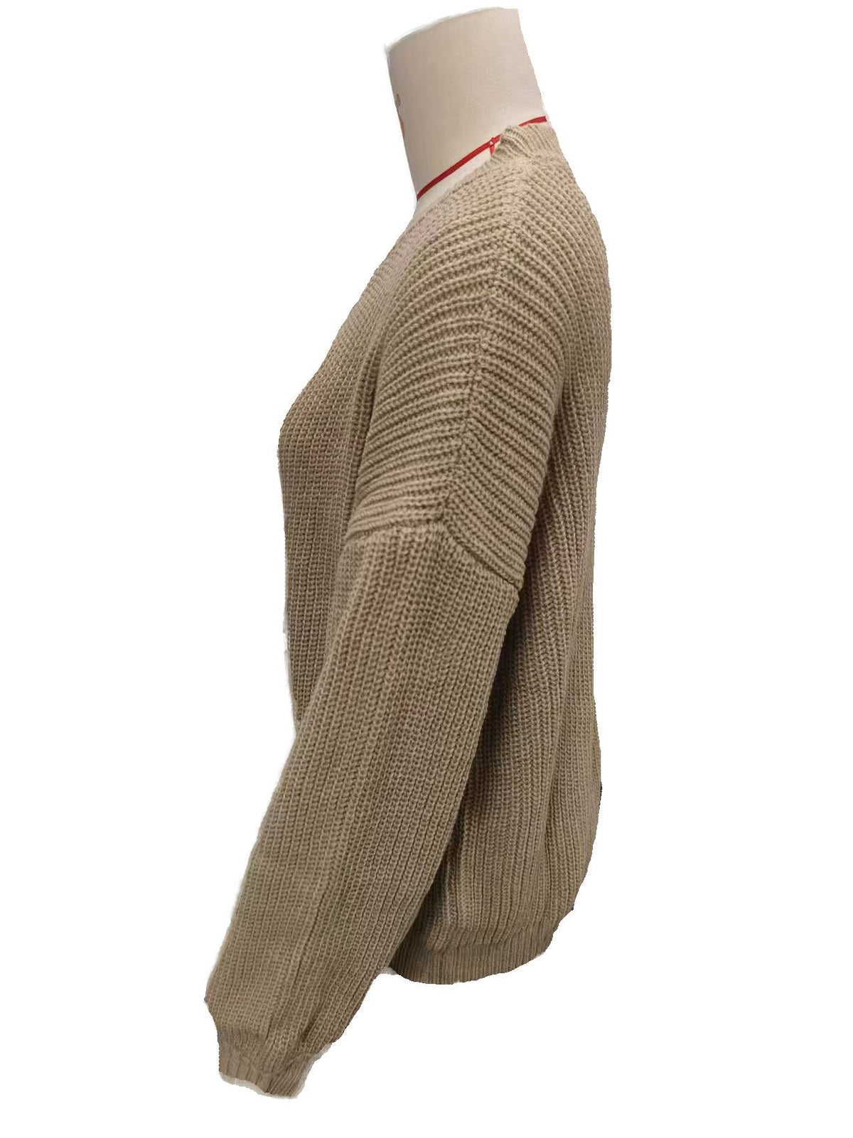 Chunky Rib Drop Shoulder Crewneck Pullover - Khaki - 1