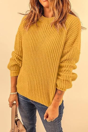 Chunky Rib Drop Shoulder Crewneck Pullover - mustard
