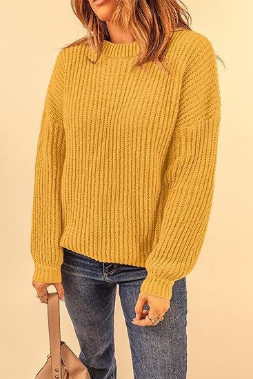 Chunky Rib Drop Shoulder Crewneck Pullover - mustard - 3