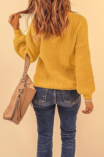 Chunky Rib Drop Shoulder Crewneck Pullover - mustard - 4