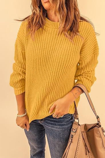 Chunky Rib Drop Shoulder Crewneck Pullover - mustard - 5