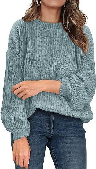 Chunky Rib Drop Shoulder Crewneck Pullover - sage