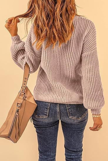 Chunky Rib Drop Shoulder Crewneck Pullover - taupe - 1