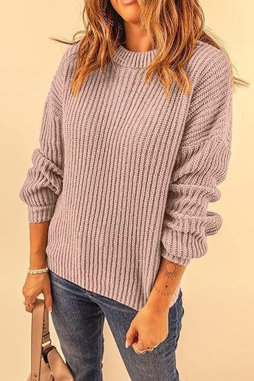 Chunky Rib Drop Shoulder Crewneck Pullover - taupe - 2