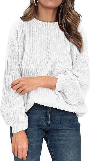 Chunky Rib Drop Shoulder Crewneck Pullover - white