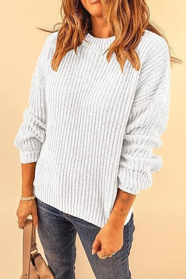 Chunky Rib Drop Shoulder Crewneck Pullover - white - 1