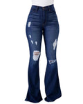 High Waist Distressed Flare Denim Jeans - Dark-Blue