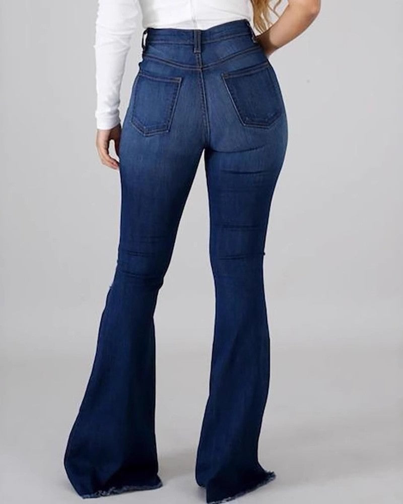 High Waist Distressed Flare Denim Jeans - Dark-Blue - 1