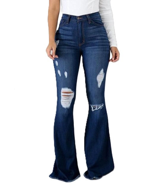 High Waist Distressed Flare Denim Jeans - Dark-Blue - 2