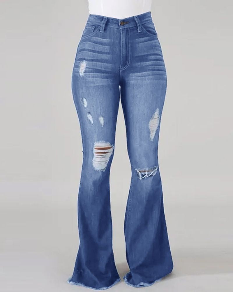 High Waist Distressed Flare Denim Jeans - Light-Blue