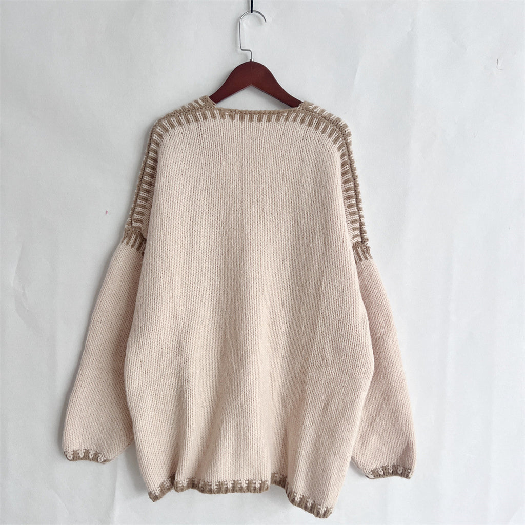 Whipstitch Trim Slouchy Open Front Cardigan - Beige - 1