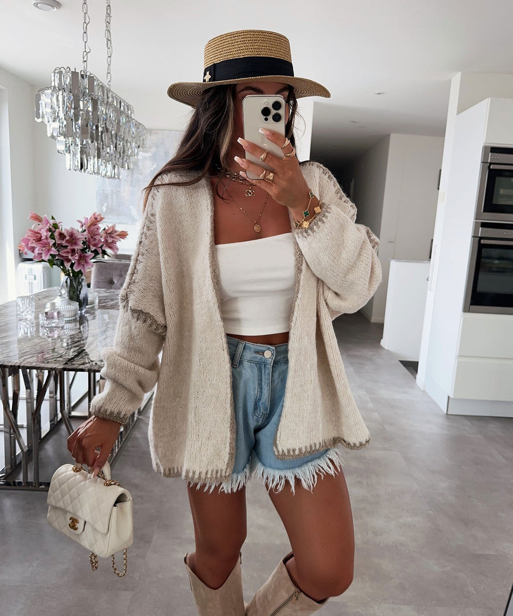 Whipstitch Trim Slouchy Open Front Cardigan - Beige - 2