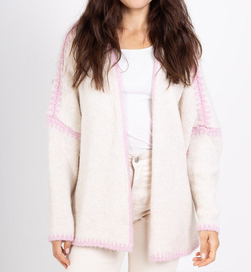 Whipstitch Trim Slouchy Open Front Cardigan - Beige_P - 4