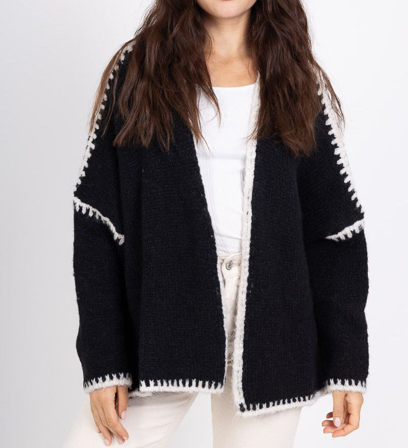 Whipstitch Trim Slouchy Open Front Cardigan - Black