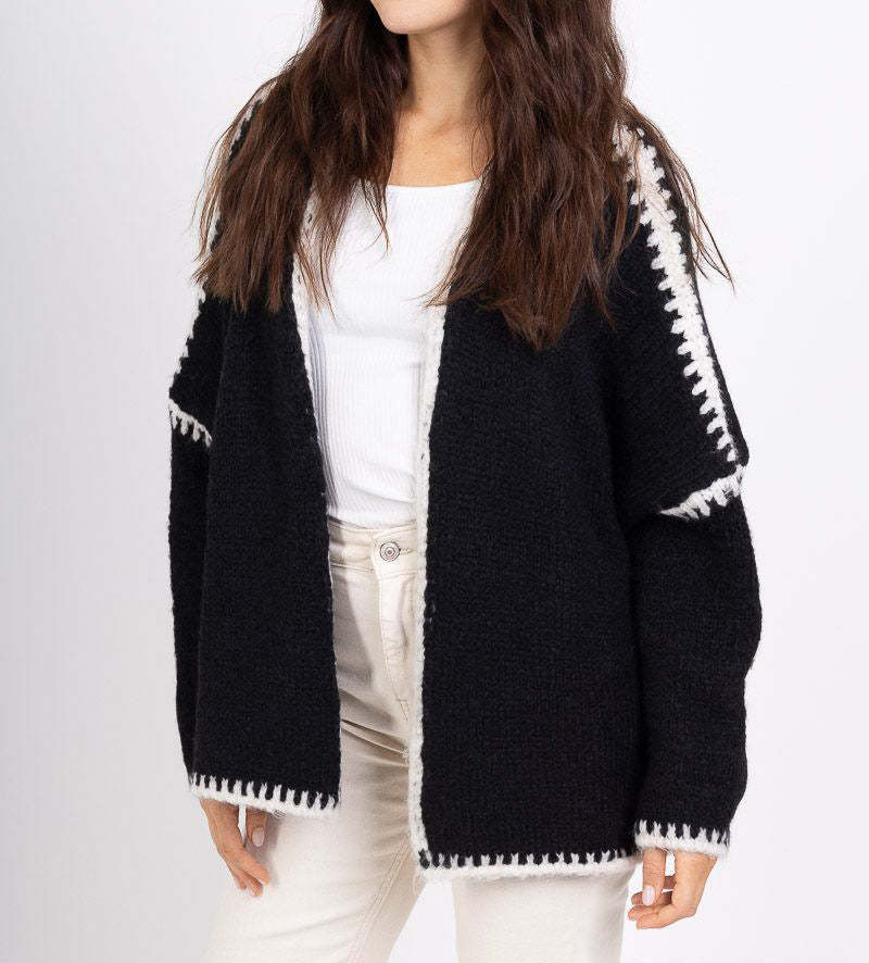 Whipstitch Trim Slouchy Open Front Cardigan - Black - 1