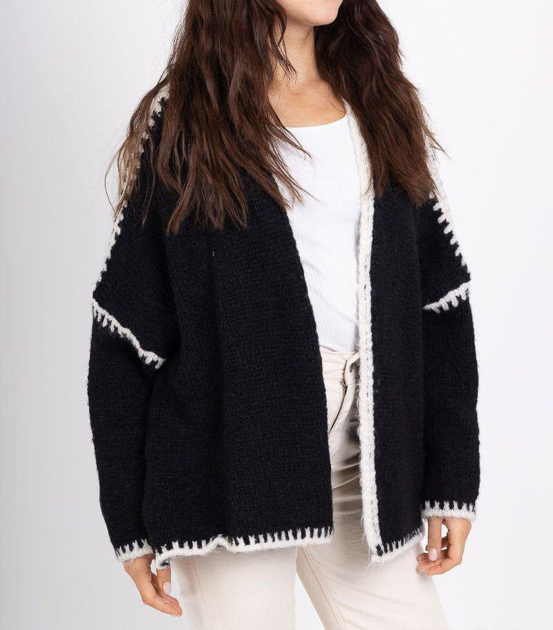 Whipstitch Trim Slouchy Open Front Cardigan - Black - 2