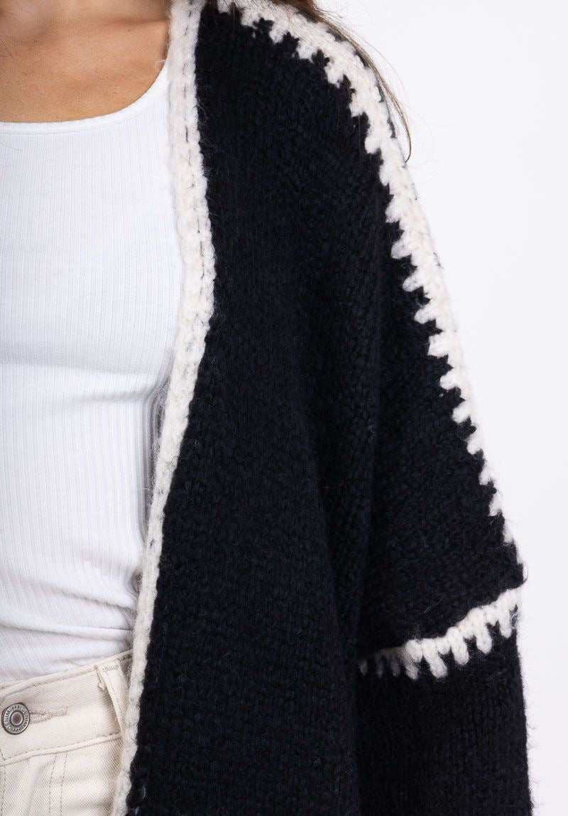 Whipstitch Trim Slouchy Open Front Cardigan - Black - 3