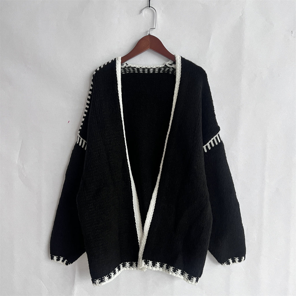 Whipstitch Trim Slouchy Open Front Cardigan - Black - 4
