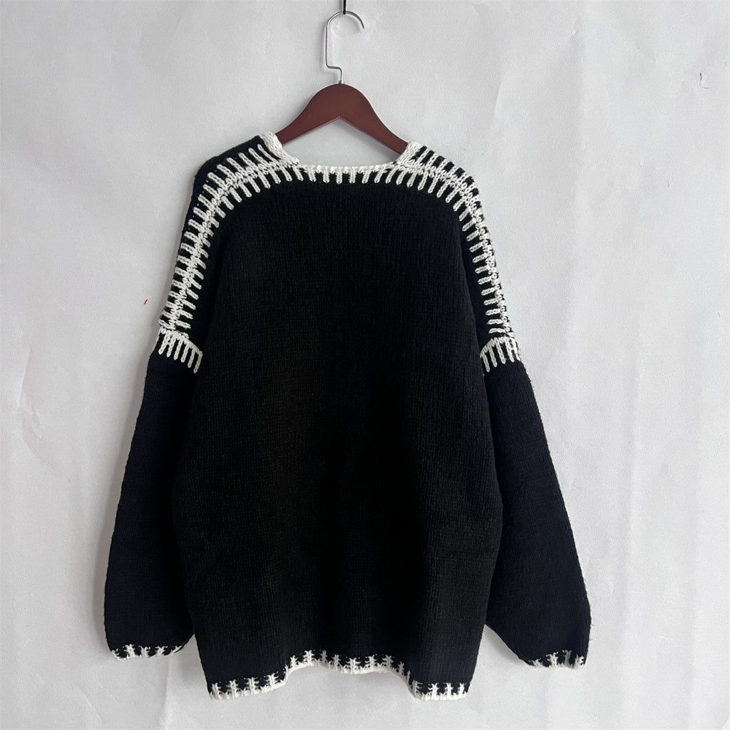 Whipstitch Trim Slouchy Open Front Cardigan - Black - 5