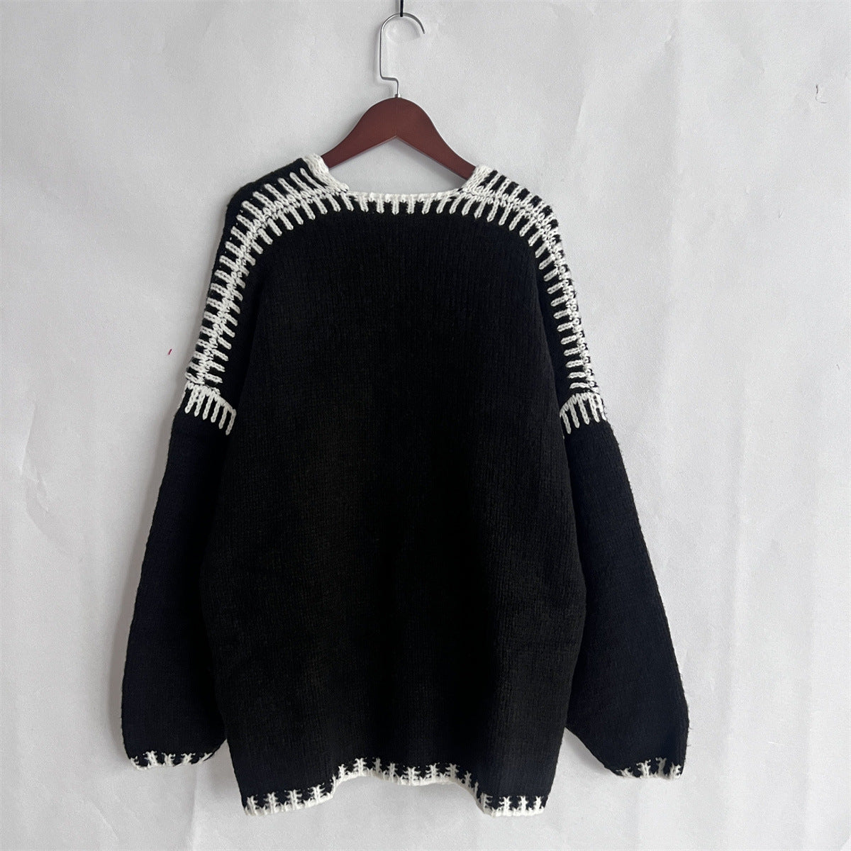 Whipstitch Trim Slouchy Open Front Cardigan - Black - 5