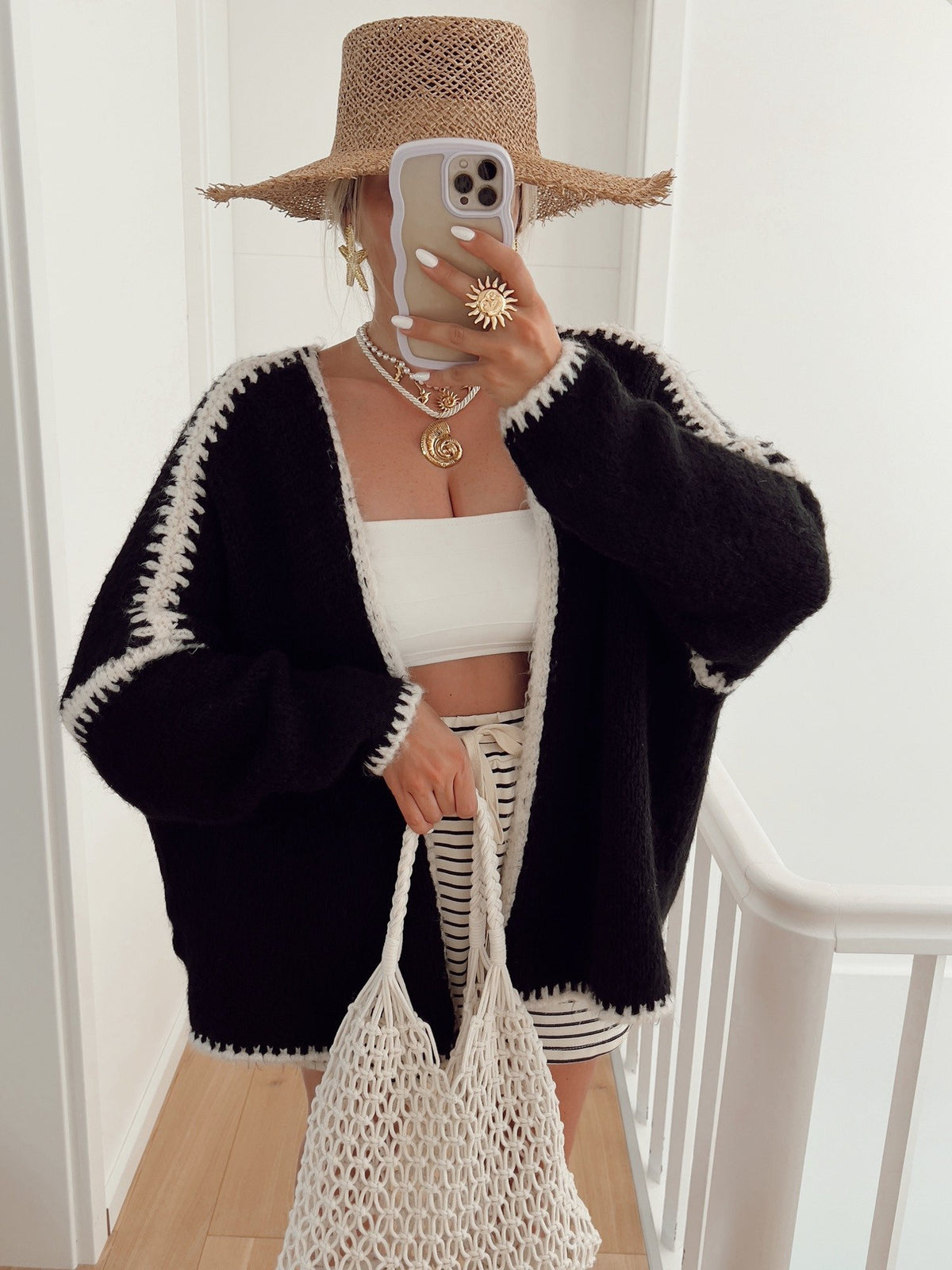Whipstitch Trim Slouchy Open Front Cardigan - Black - 8