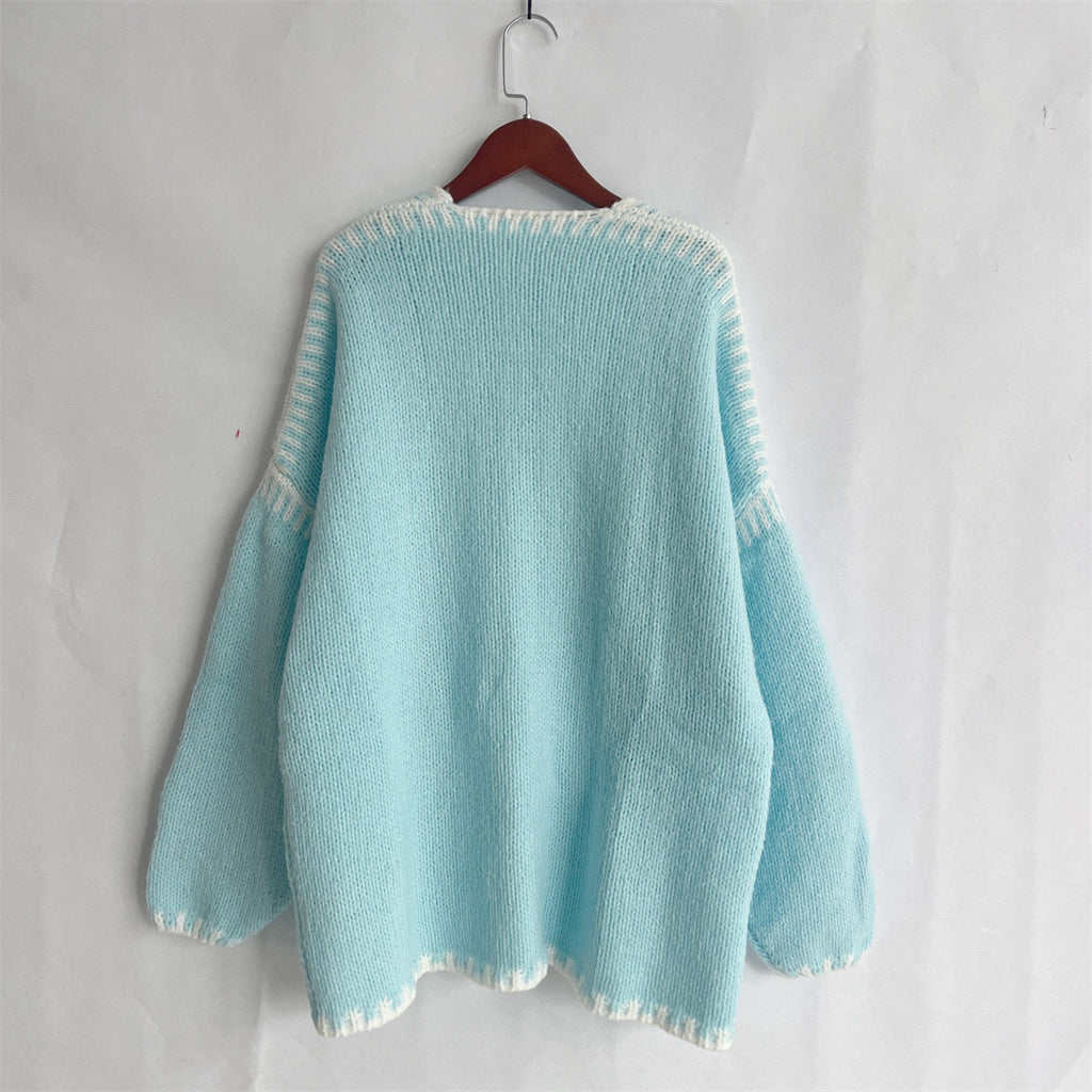 Whipstitch Trim Slouchy Open Front Cardigan - Blue - 1