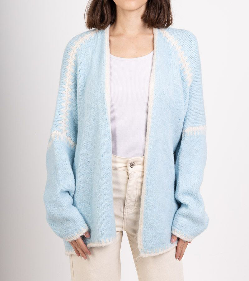 Whipstitch Trim Slouchy Open Front Cardigan - Blue - 2