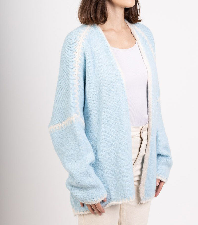 Whipstitch Trim Slouchy Open Front Cardigan - Blue - 3
