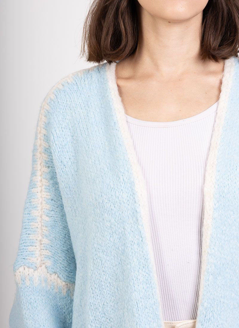 Whipstitch Trim Slouchy Open Front Cardigan - Blue - 4