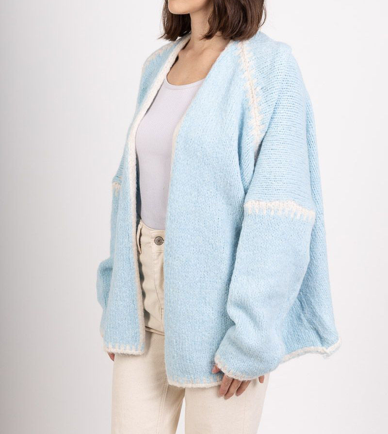 Whipstitch Trim Slouchy Open Front Cardigan - Blue - 5
