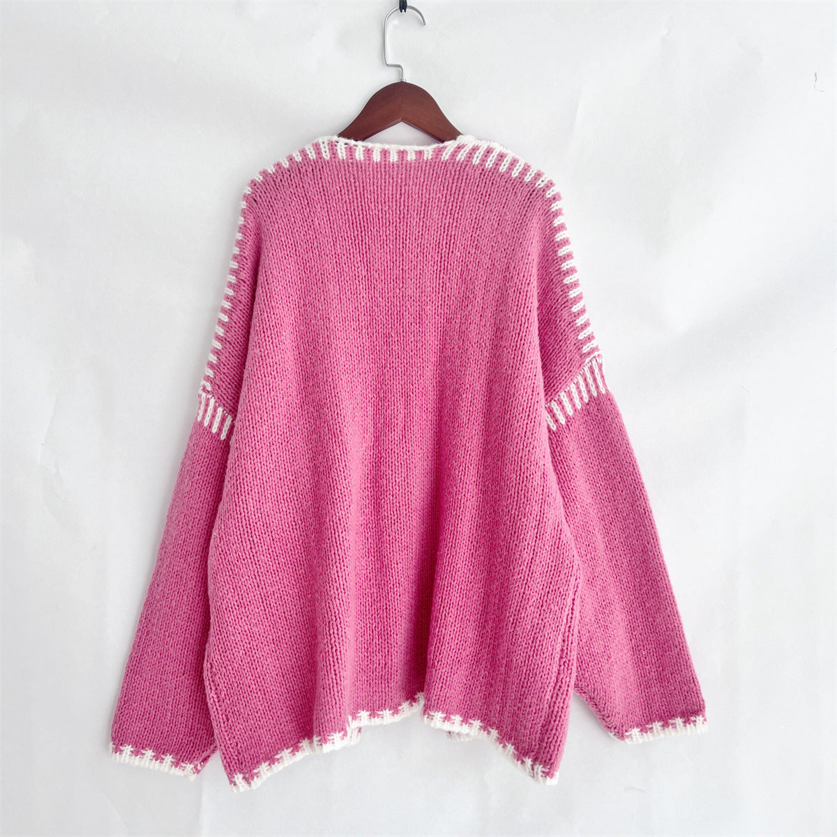 Whipstitch Trim Slouchy Open Front Cardigan - Fuchsia - 1