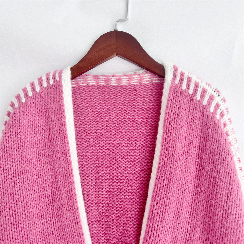 Whipstitch Trim Slouchy Open Front Cardigan - Fuchsia - 2