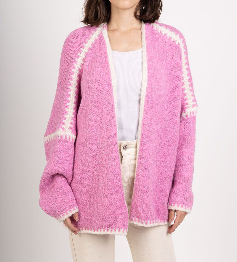 Whipstitch Trim Slouchy Open Front Cardigan - Fuchsia - 5