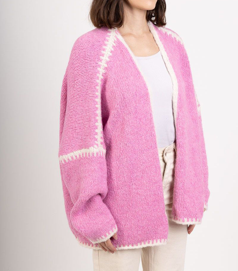 Whipstitch Trim Slouchy Open Front Cardigan - Fuchsia - 6