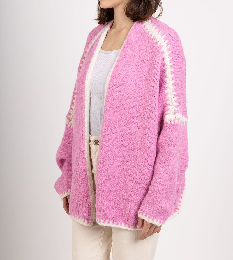Whipstitch Trim Slouchy Open Front Cardigan - Fuchsia - 7