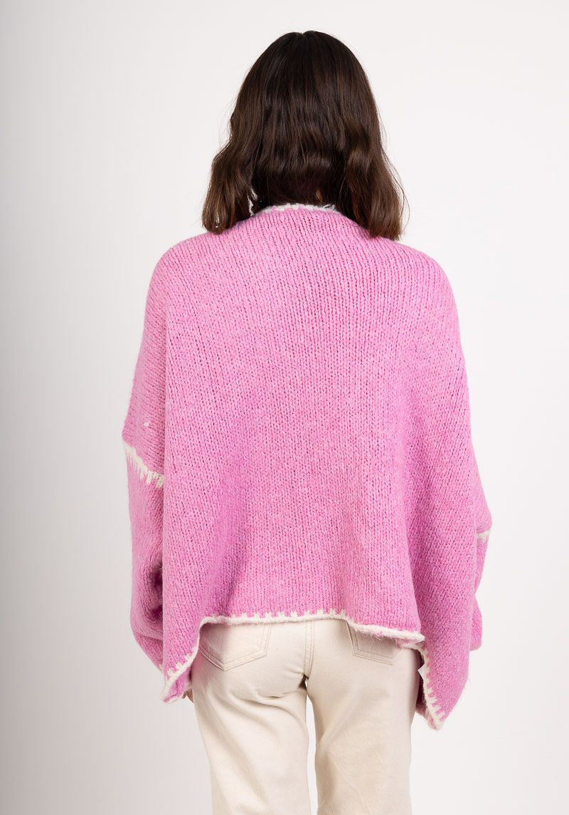 Whipstitch Trim Slouchy Open Front Cardigan - Fuchsia - 8