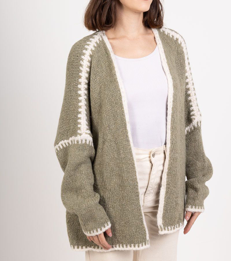 Whipstitch Trim Slouchy Open Front Cardigan - Green