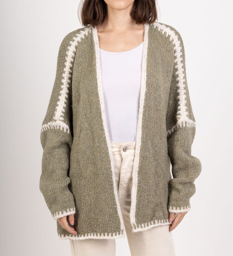 Whipstitch Trim Slouchy Open Front Cardigan - Green - 1
