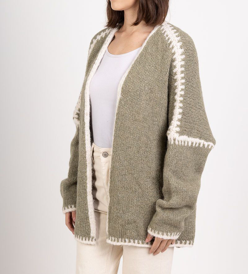 Whipstitch Trim Slouchy Open Front Cardigan - Green - 2