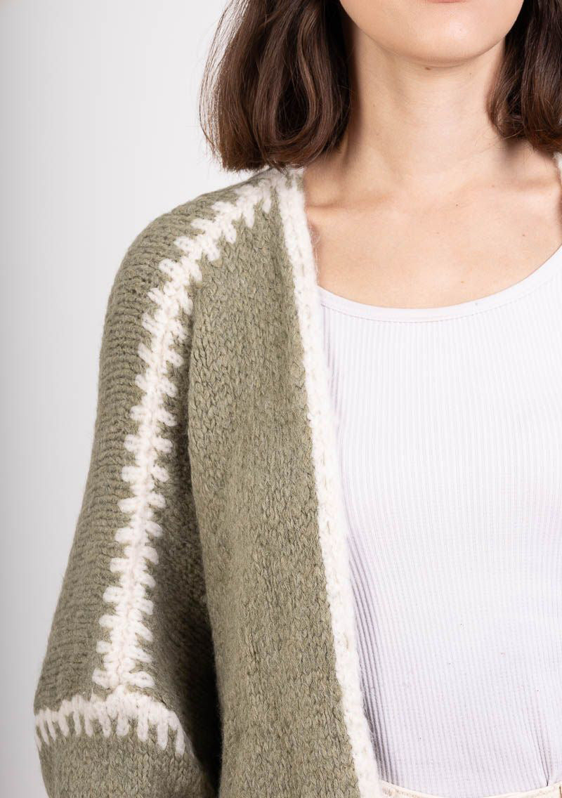 Whipstitch Trim Slouchy Open Front Cardigan - Green - 3