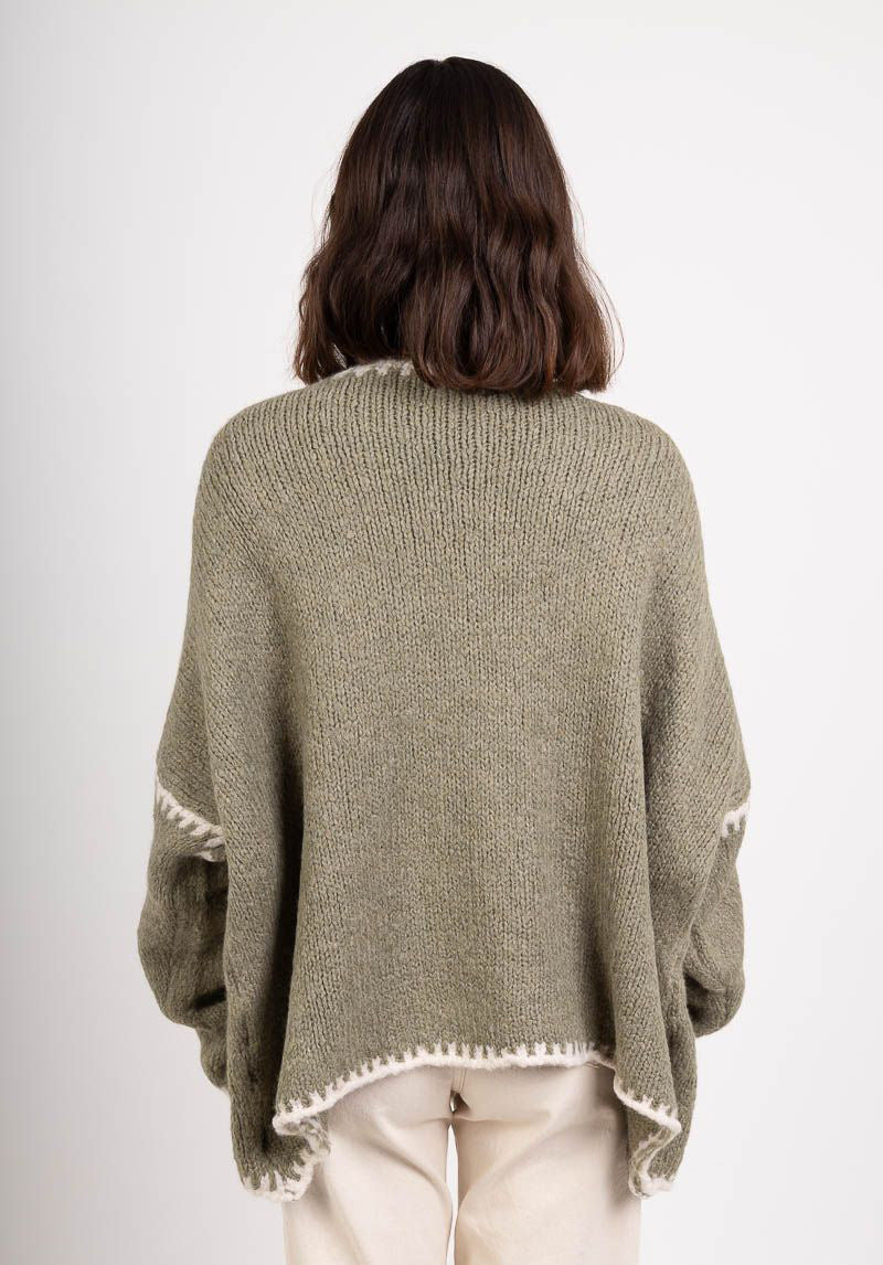 Whipstitch Trim Slouchy Open Front Cardigan - Green - 4