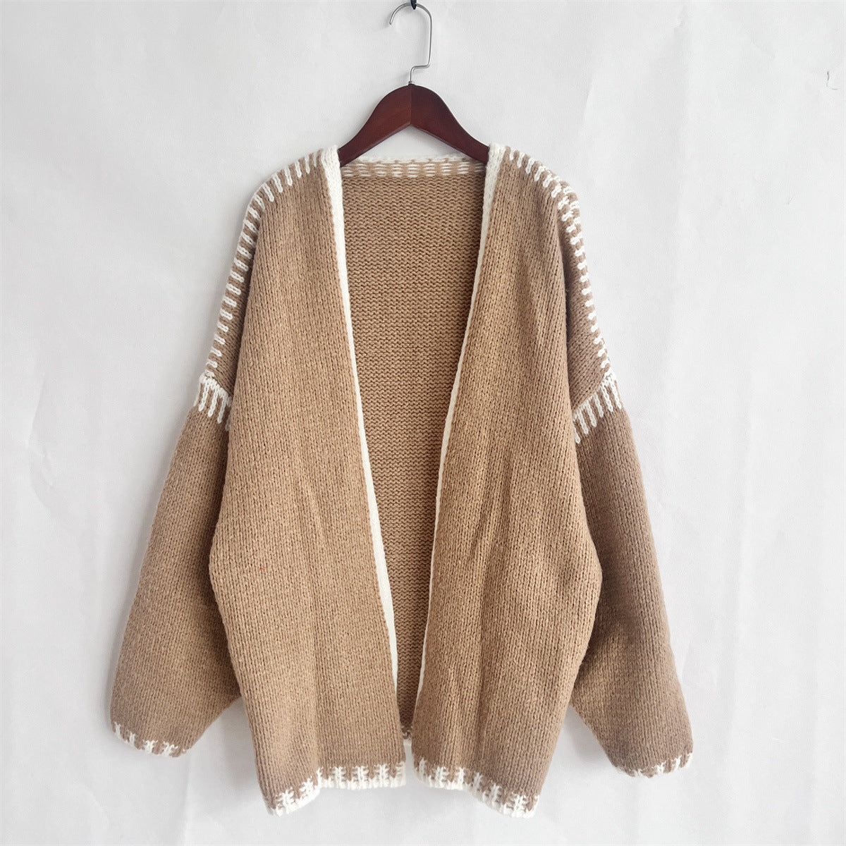 Whipstitch Trim Slouchy Open Front Cardigan - Khaki