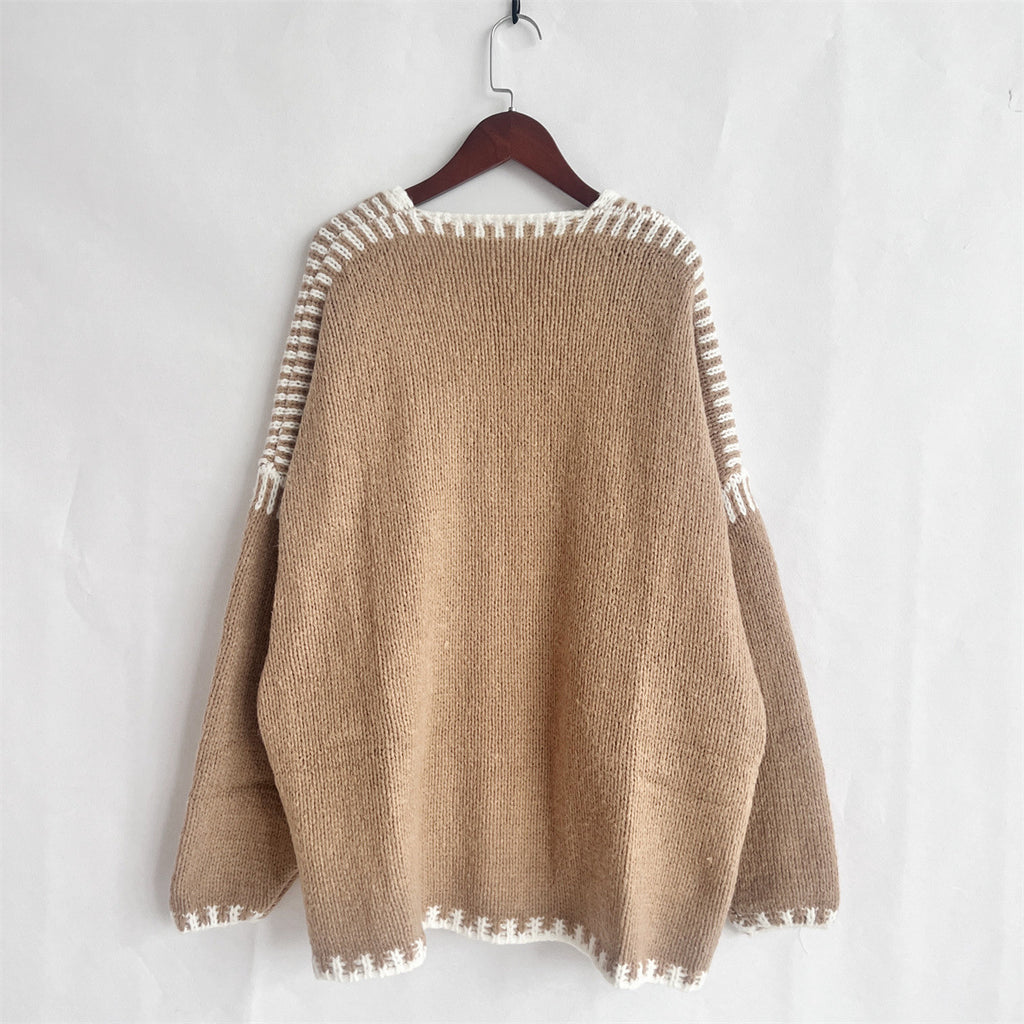 Whipstitch Trim Slouchy Open Front Cardigan - Khaki - 1