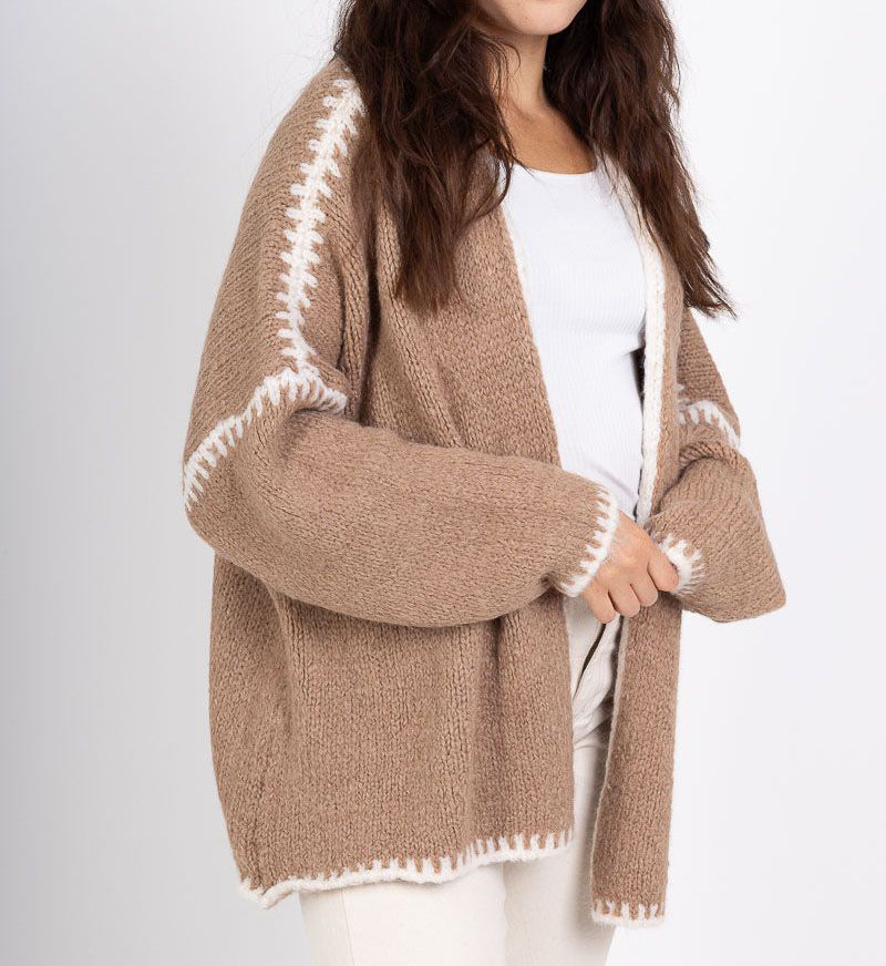 Whipstitch Trim Slouchy Open Front Cardigan - Khaki - 2