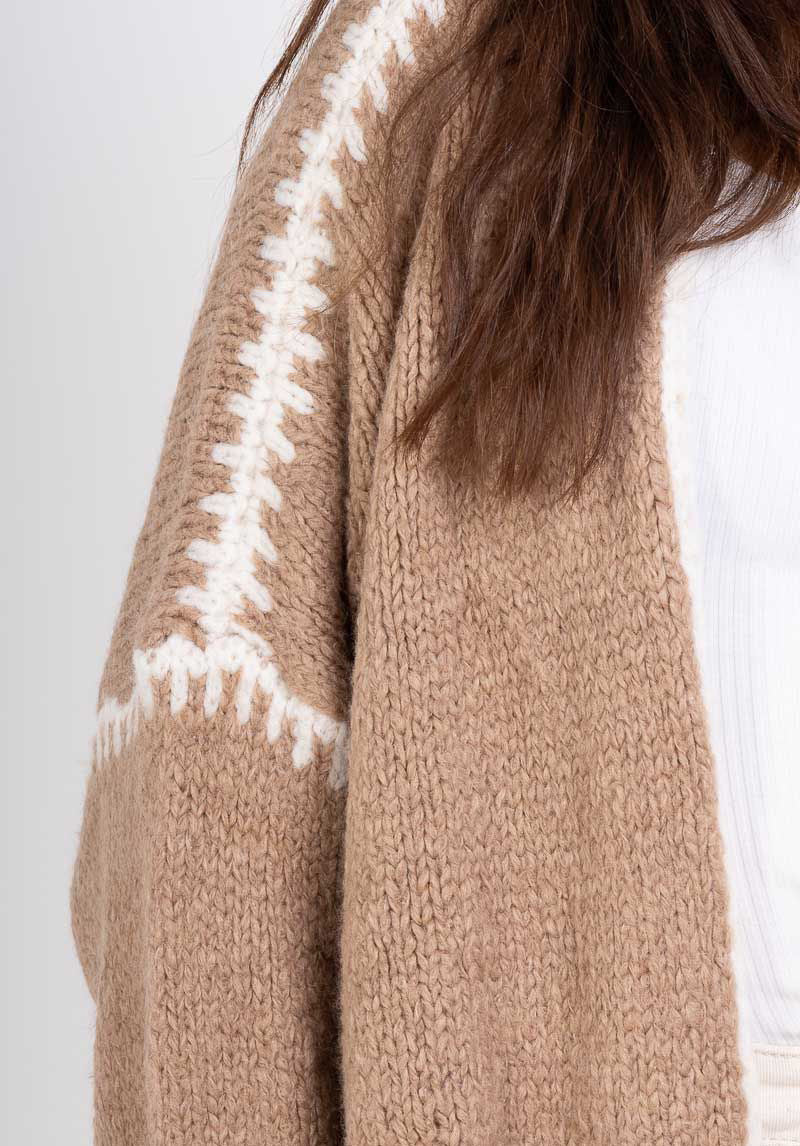 Whipstitch Trim Slouchy Open Front Cardigan - Khaki - 4