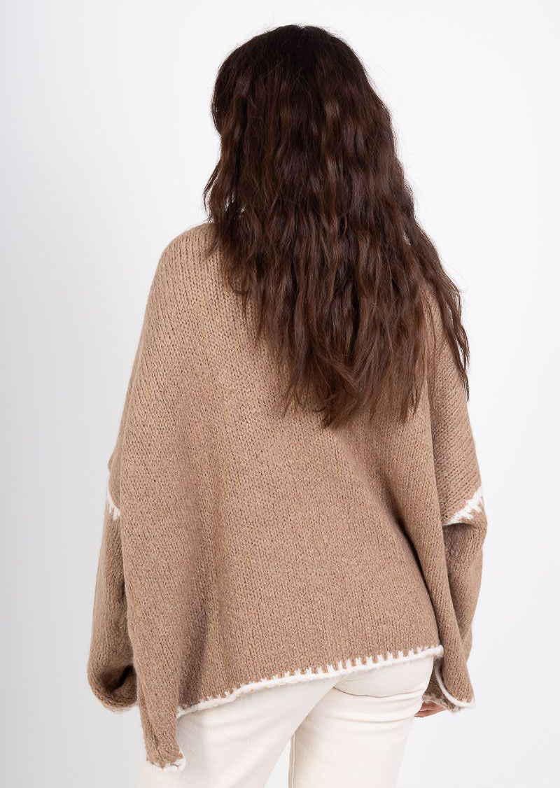 Whipstitch Trim Slouchy Open Front Cardigan - Khaki - 5