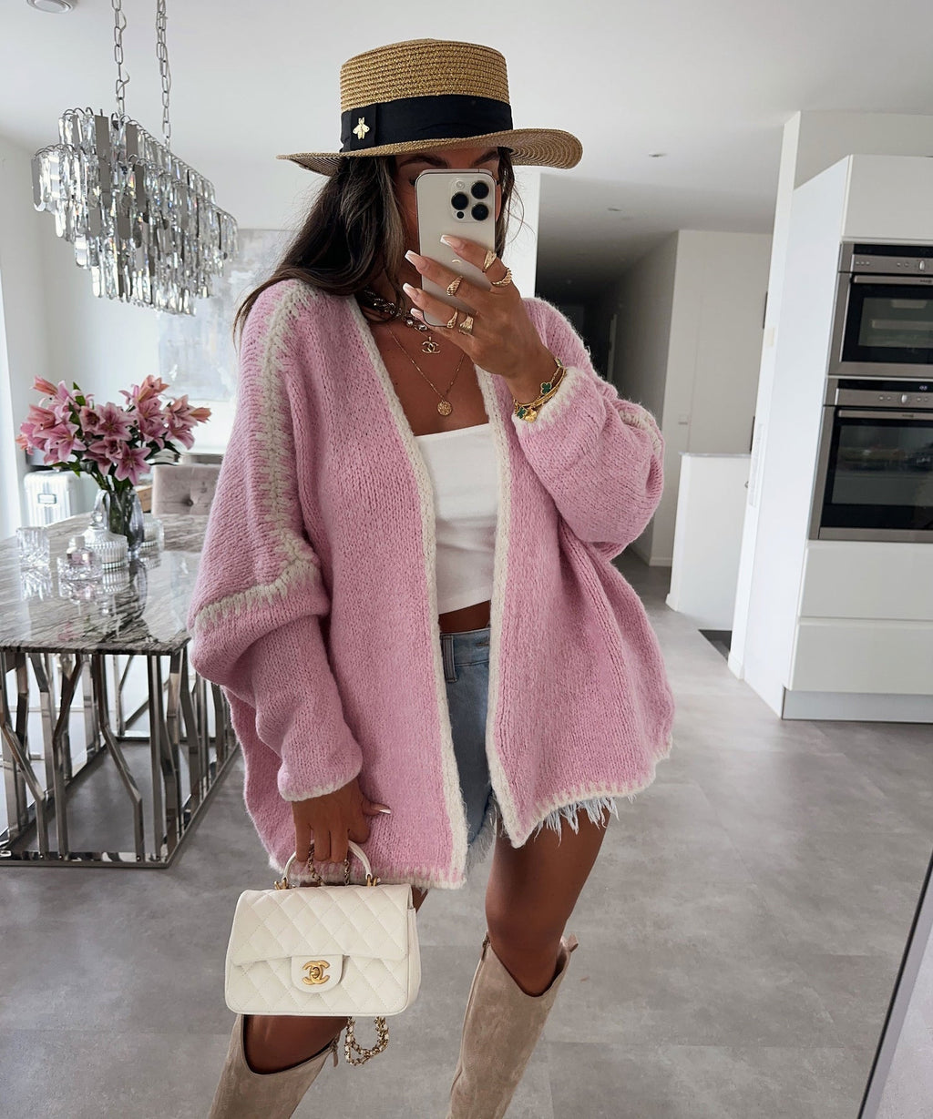 Whipstitch Trim Slouchy Open Front Cardigan - Pink